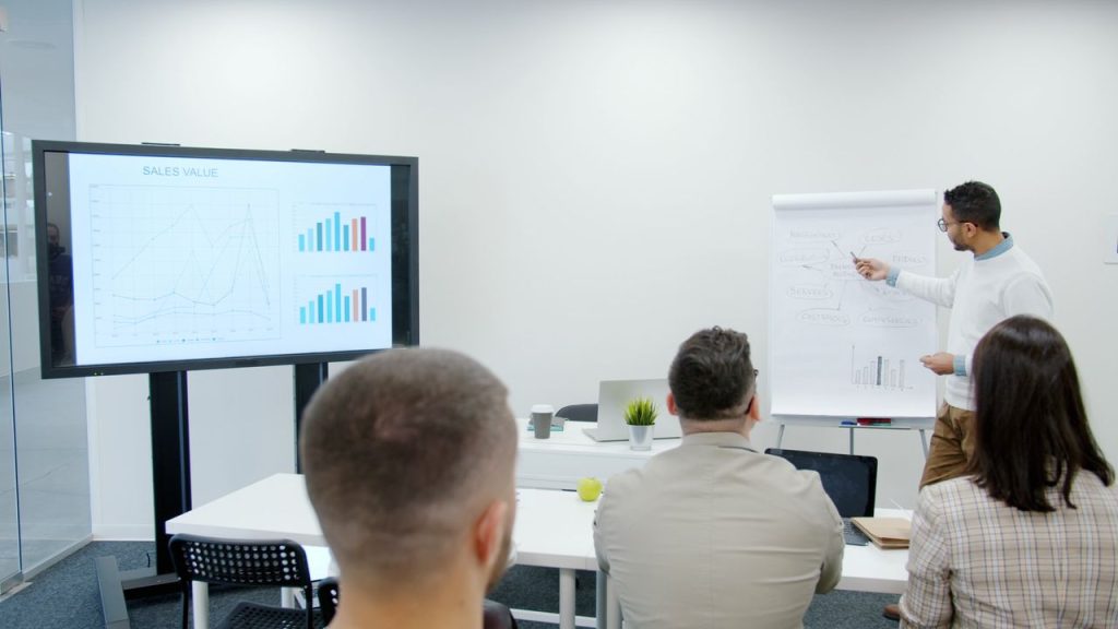 Professional presentation on sales trends with charts and engaged team.
