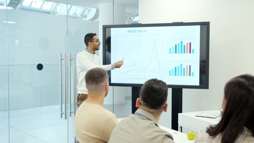 Professional business presentation analyzing sales growth with charts.